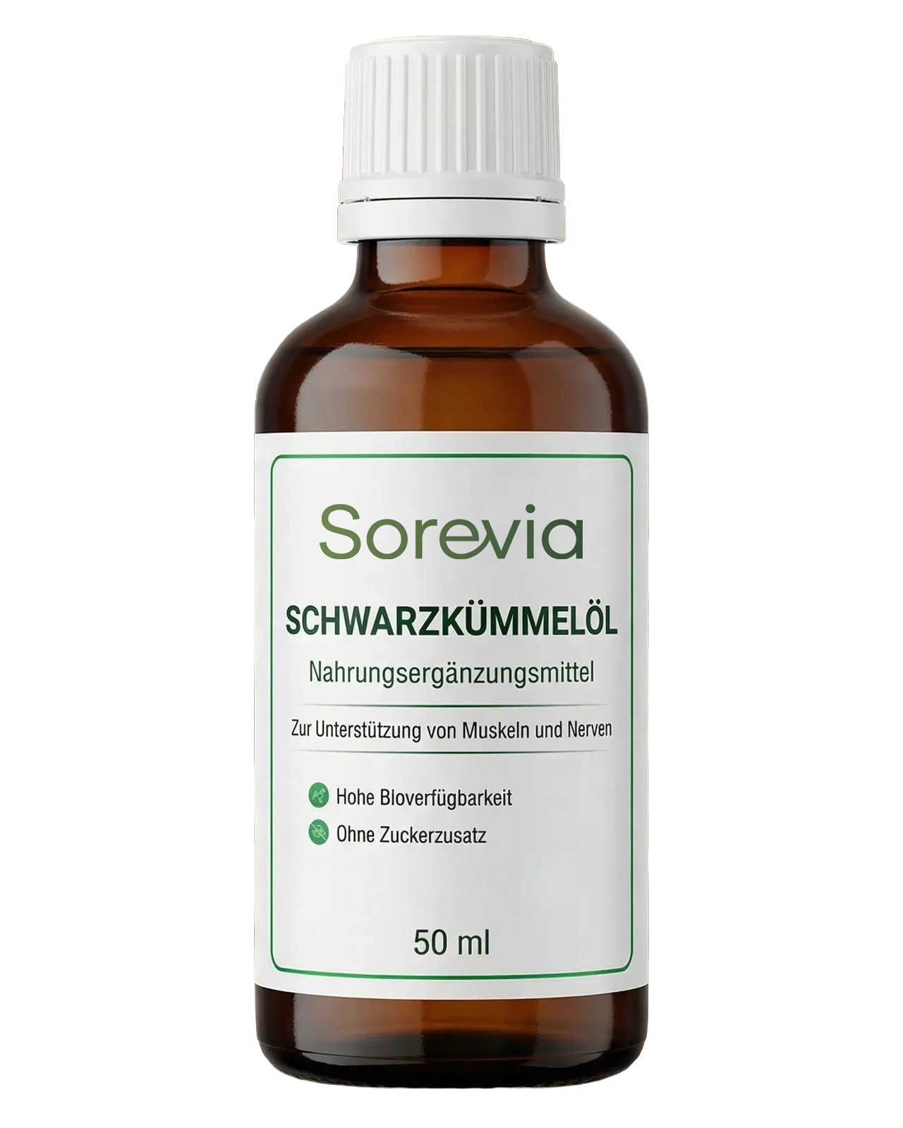 Schwarzkümmelöl der Marke Sorevia in der braunen Flasche