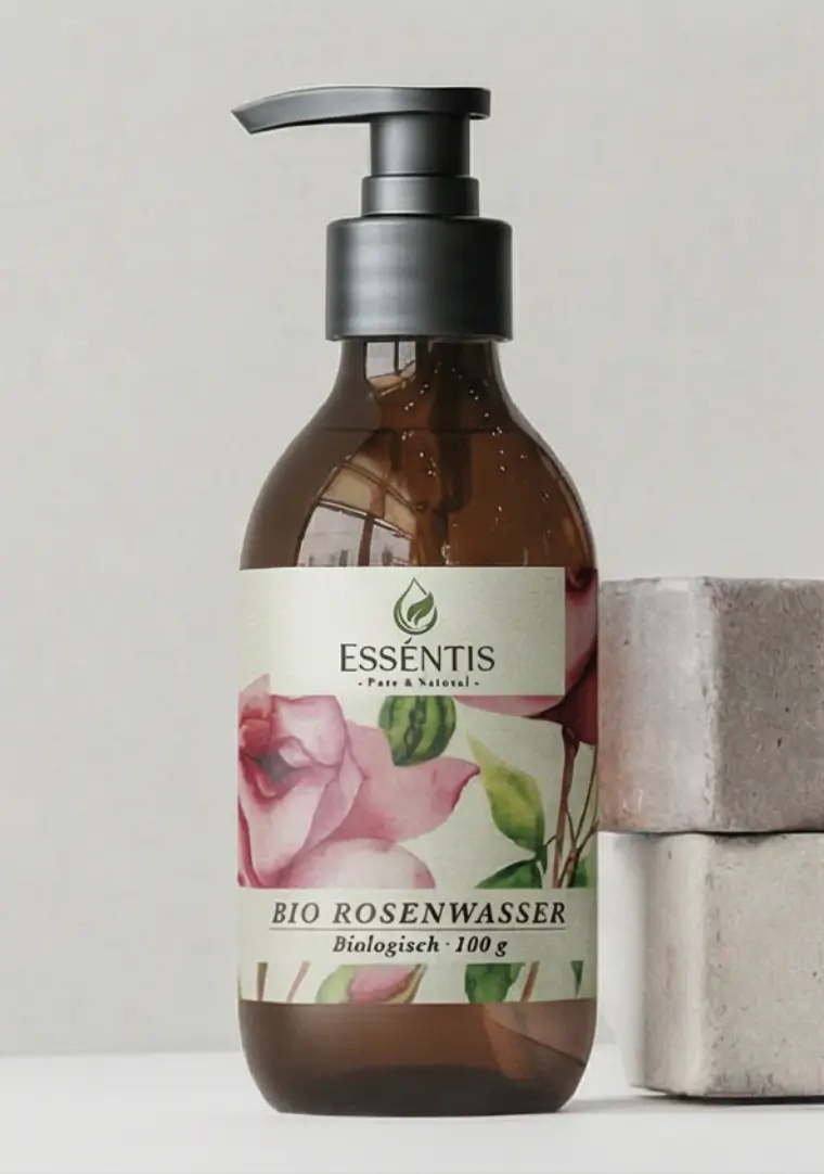 Pflanzenöl im Pumpspender mit botanischem Etikett